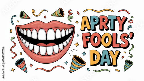 Colorful april fools' day illustration with smiling mouth and party horns on white background