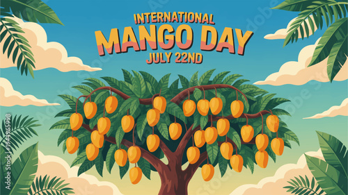 Vibrant mango tree with ripe fruit under sunny tropical sky for international mango day