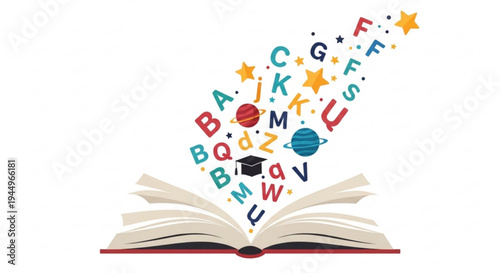 Vibrant educational concept open book with floating letters stars and graduation cap on white background