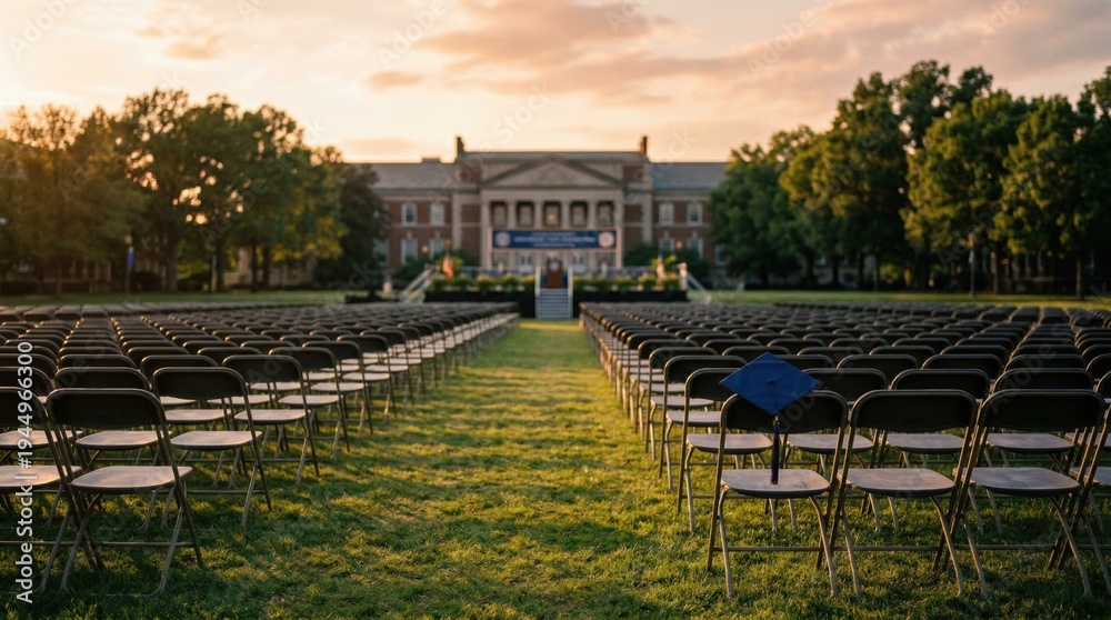 Obraz premium Empty folding ceremony chairs in neat rows on a campus lawn after a graduation with a single blue cap on a seat during golden hour sunset with copy space