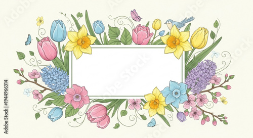 Colorful floral frame with spring flowers and leaves on cream background for decoration and greeting cards