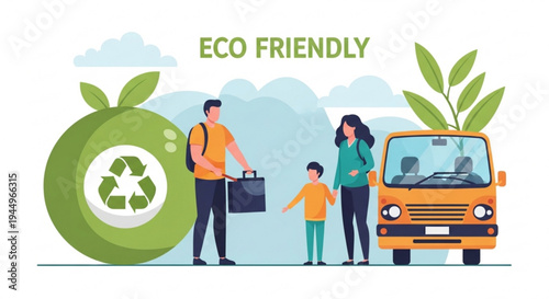 Eco friendly family with recycling symbol and sustainable transport