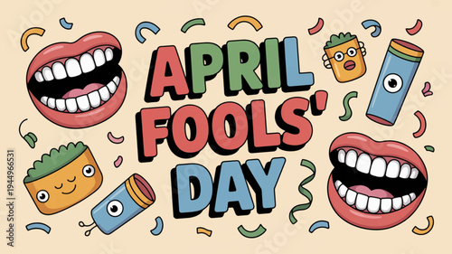 Colorful april fools' day graphic with smiling faces and confetti on beige background