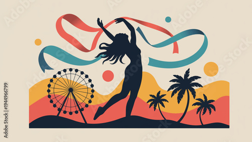 Silhouette of a woman dancing with ribbons at sunset carnival with ferris wheel and palm trees