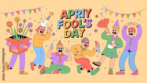People celebrating april fool's day with colorful decorations and party accessories