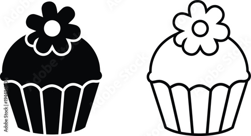 Black and white cupcakes with flowers on top, sweet treats Vector