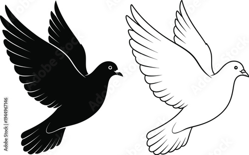 Dove pair black white flying birds Vector