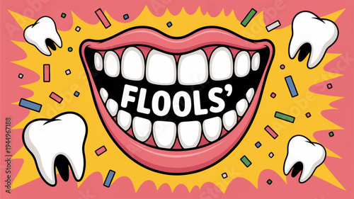 Colorful cartoon mouth with teeth and flools text on yellow and pink background with confetti