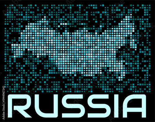 Russia digital dotted map. Shape of the country in cyan color palette on dark background. Futuristic Russia map design. Vector illustration.