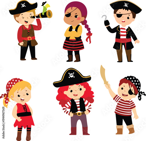 MoSet of cute cartoon pirate children characters, little boys and girls in pirate costumes with hats, eyepatches, swords, and telescopebile