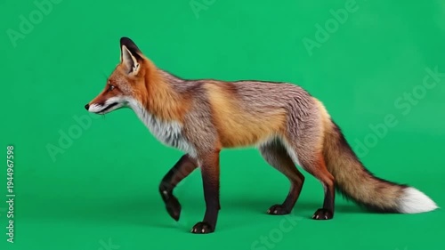 Majestic red fox standing on green background with alert expression