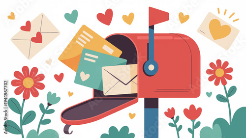 Colorful mailbox with letters and envelopes surrounded by flowers and hearts symbolizing love and communication
