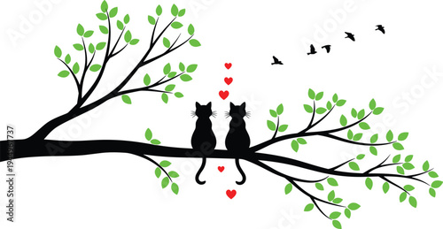 MobileRomantic black cat silhouettes sitting on a tree branch with green leaves, flying birds, and red hearts for Valentine's Day. (Exactly 20 words)