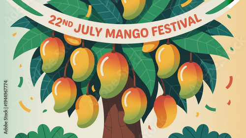 Vibrant mango tree with green leaves and colorful confetti celebrating the 22nd july mango festival