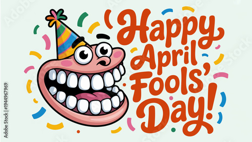 Cartoon face in party hat with 'happy april fools' day' text and colorful confetti on light background