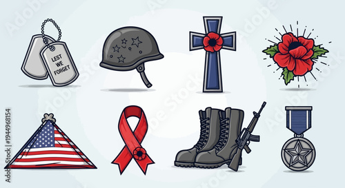 Symbolic Collection of Military and Remembrance Icons representing honor, sacrifice, and patriotism for Veterans Day and Memorial Day