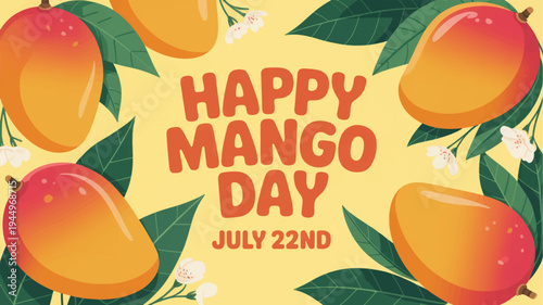 Vibrant illustration of mangoes and leaves on yellow background celebrating happy mango day on july 22nd with ripe fruit and green foliage