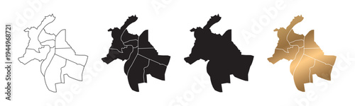 Vector maps of Lyon, France, in various styles, with black and gold line art.