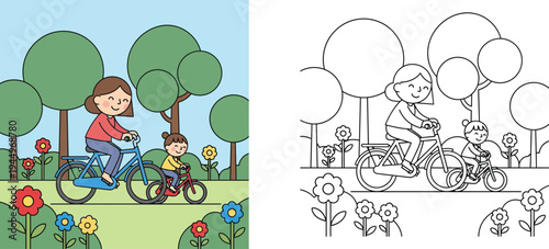 Mother and daughter riding bicycles in a park, full color and black and white line art coloring page for kids. Vector illustration of family outdoor leisure activity.
