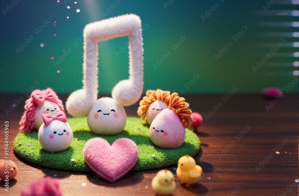 Obraz premium Cute plush characters gather around a musical note on green grass