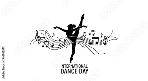Silhouette of an elegant female ballet dancer leaping amidst musical notes, celebrating International Dance Day on an isolated white background.