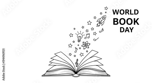 Open book with creative symbols and elements celebrating World Book Day, illustration on white background.