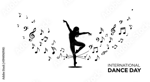Energetic dancer silhouette surrounded by flowing musical notes celebrating International Dance Day, illustration on white background.