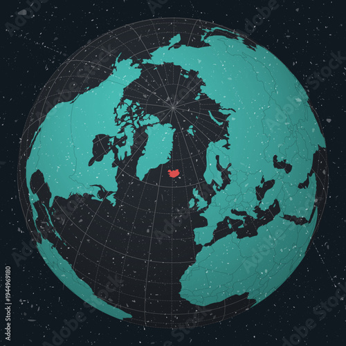 Iceland on Globe. Vintage look with grunge scratched texture. Country view on world map in Dark Charcoal Turquoise color palette. Iceland shape on map. Globe with meridians and parallels.