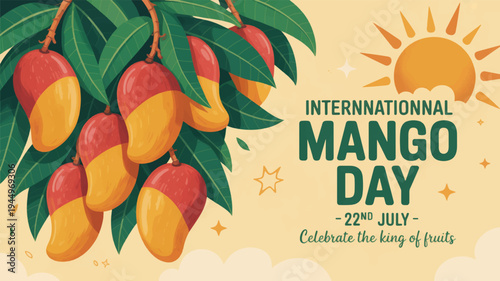Vibrant mangoes hanging from tree branch on international mango day background with sunny yellow backdrop