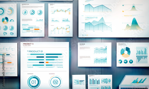 Set of documents with business charts on the desk.
