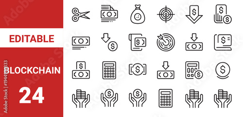 Blockchain technology icon,financial technology line icon set. Vector pictograms of digital coins, wallet, chart, security, data,