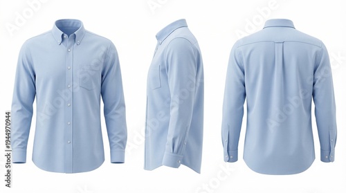 Three views of a light blue button-down shirt isolated on white background.