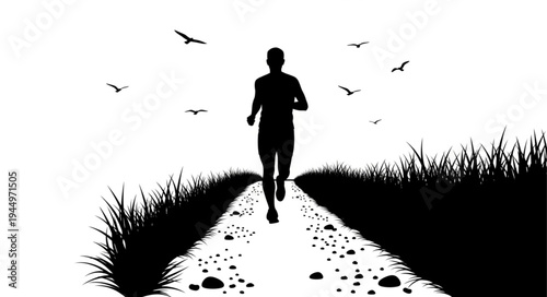 Silhouette of a man running on a gravel path with grass and birds.
