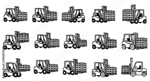 Collection of Forklift Trucks Lifting Wooden Pallets in Various Poses.