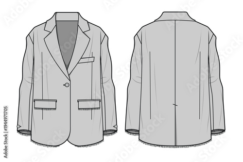 Single breasted blazer front and back view vector template technical illustration.