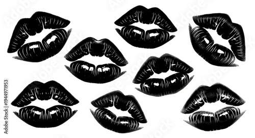 Multiple Black Lipstick Kiss Marks Isolated on White Background.