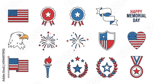 Dynamic collection of illustrative patriotic symbols, including flags, eagles, fireworks, and medals, representing national pride and celebration for American holidays and events