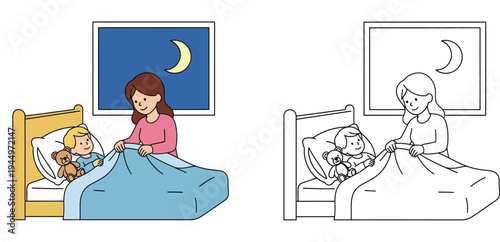 Mother tucking her child into bed at night, full color and black and white line art coloring page for kids. Vector illustration of bedtime routine and family love.