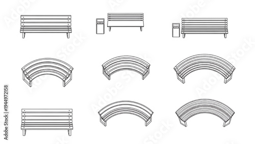 Vector line illustrations of varied park benches and urban street furniture for design layouts