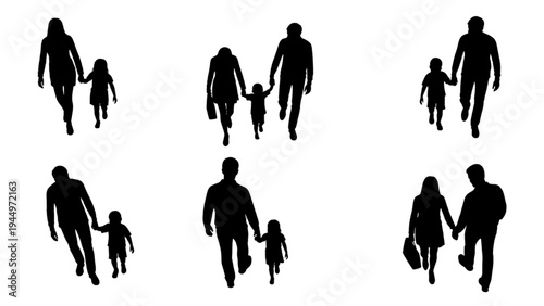 Collection of diverse family silhouettes, parents walking with their child, representing unity and togetherness