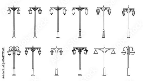 Collection of vintage-style street lampposts in black and white