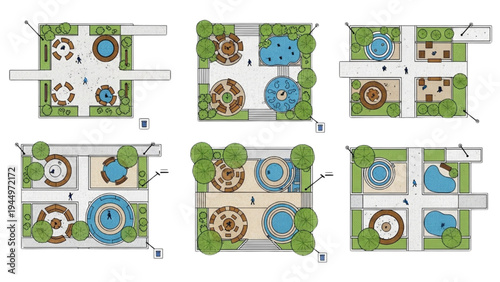 Varied Architectural Top-View Designs for Modern Landscape Garden and Park Layouts with Fountains