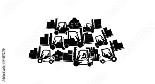 Collection of Forklifts and Boxes in Warehouse.