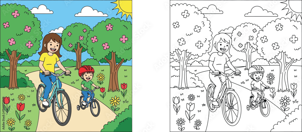 Naklejka premium Mother and young son cycling in a spring park, full color and black and white line art coloring page for kids. Vector illustration of family outdoor activity.
