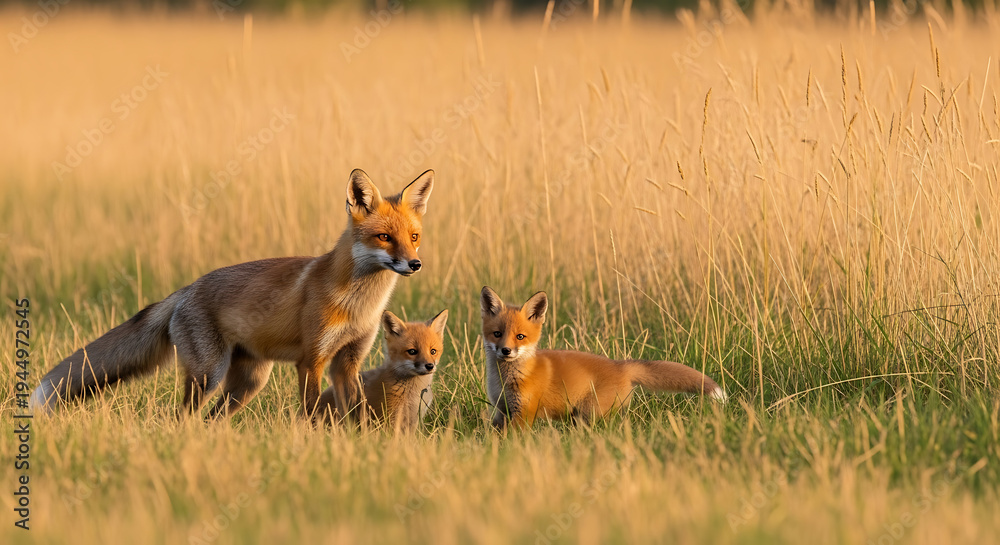 Obraz premium Red Fox Family in Field