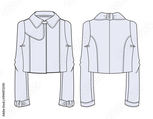 Ladies party jacket front and back view flat sketch vector mockup template technical illustration.