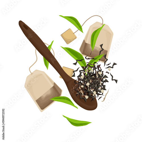 Vector Illustration logo Clip art Levitation Dried Black Tea with Tea Bag 