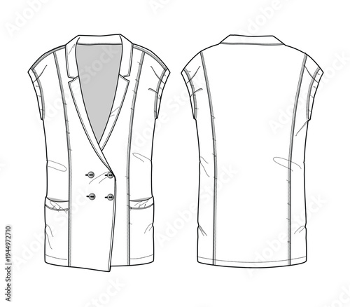 Double breasted vest front and back view vector design technical flat drawing by adobe illustrator.