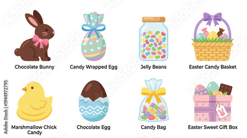 Easter Candy Vector Illustration Collection – Chocolate Bunny, Jelly Beans, Marshmallow Chick, Wrapped Eggs, Candy Basket, Sweet Gift Box, Festive Holiday Treats, Decorative Seasonal Art