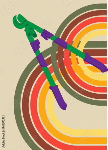 Retro 70s Background with Wire cutter. Groovy Heavy Duty Large Cable Cutter, old cutter for wire or steel bars 1970s art template. Minimalistic Vintage design poster. Old-fashioned color artwork.